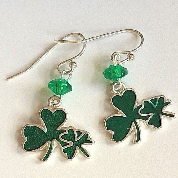 Irish Shamrock Hypoallergenic Earrings Celtic St Patricks Green Silver Plated - Picture 8 of 12